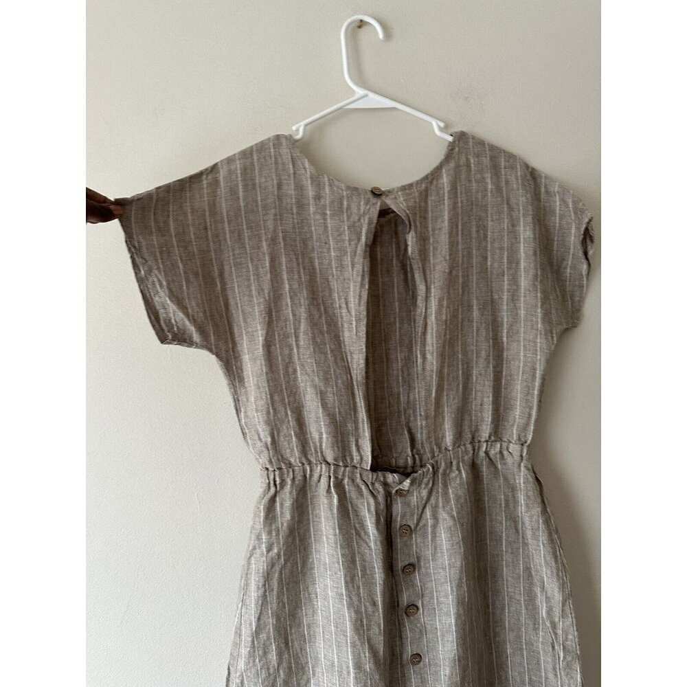 Pepaloves Size L Open Back Cinched Waist Button Down Dress Tan Summer Vacation